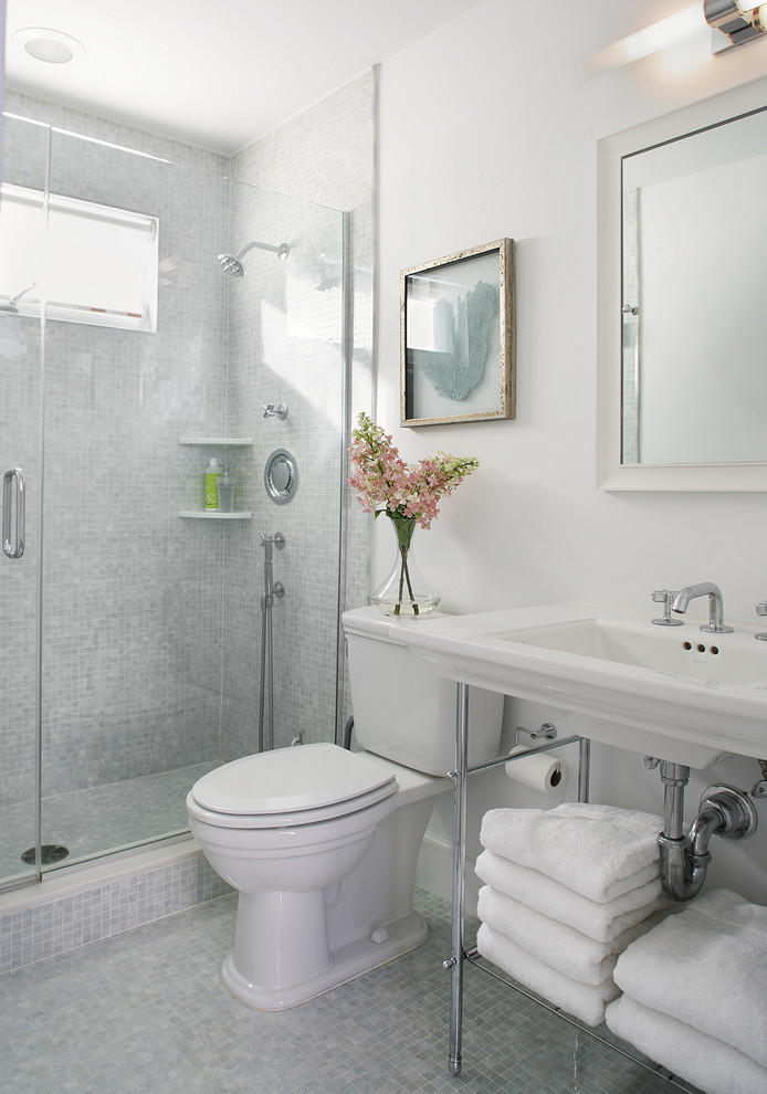 Inspiration for a small contemporary master bathroom in Newark with an alcove shower, gray tile, porcelain tile, open cabinets, white cabinets, a one-piece toilet, white walls, ceramic floors and a single vanity.