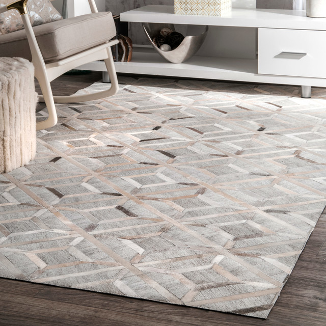 Handmade Modern Cowhide Geometric Leather Viscose Area Rug Gray 5 X8