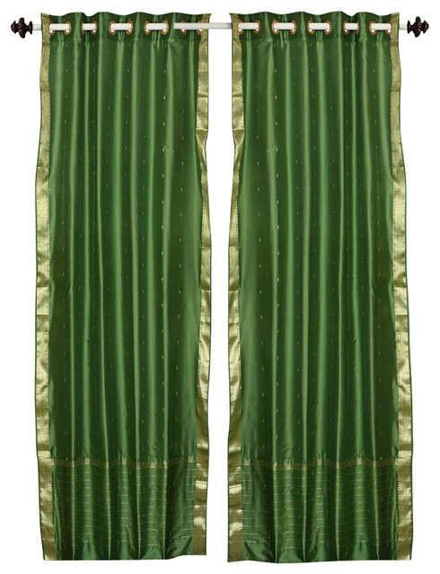 Forest Green Ring Top Sheer Sari Curtain, Drape, Panel, 80