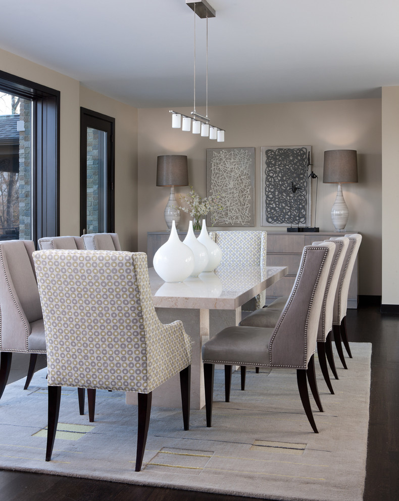 Design ideas for a contemporary dining room in Detroit with grey walls, dark hardwood floors and brown floor.
