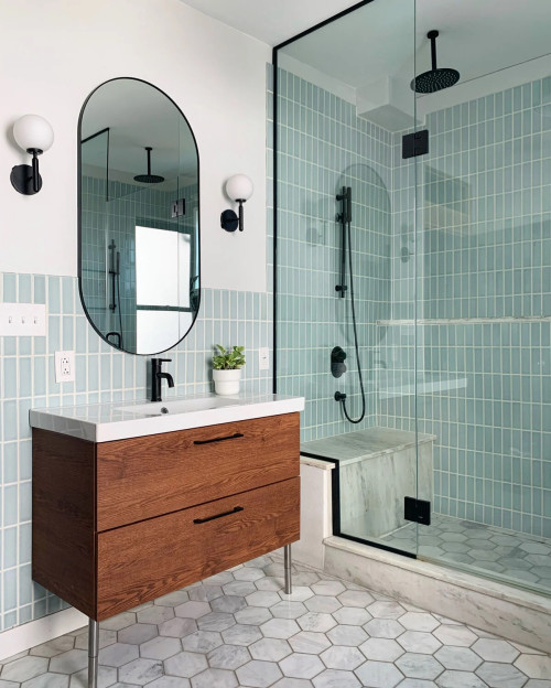 Stylish Modernity: Hexagonal Patterned Floors with Green Kit Kat Tile Bathroom Backsplash