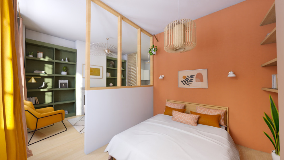 This is an example of a contemporary bedroom in Lyon with orange walls and light hardwood floors.