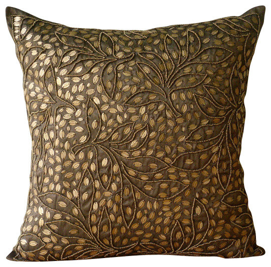 Dark Green 14x14 inch Luxury Toss Pillow Cover Silk Green Foliage Beads