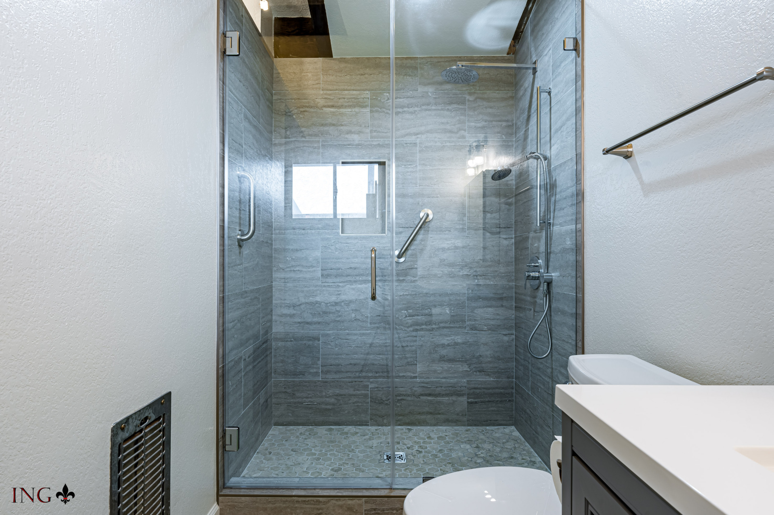 Shower Tile and Enclosure; Vanity & Toilet