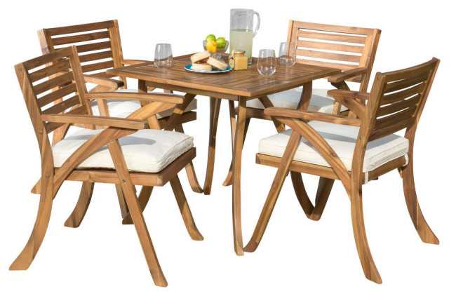 Outdoor Wood Dining With Cushions Set, Wooden Outdoor Dining Set With Cushions