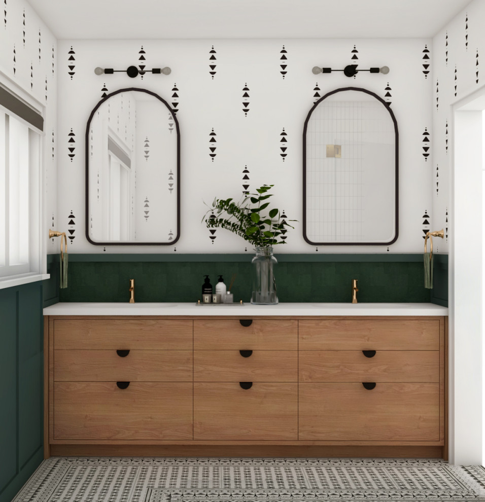 This is an example of a modern master bathroom in Toronto with flat-panel cabinets, medium wood cabinets, a corner shower, a one-piece toilet, green tile, porcelain tile, plywood floors, an undermount sink, engineered quartz benchtops, a hinged shower door, white benchtops, a double vanity, a built-in vanity and wallpaper.