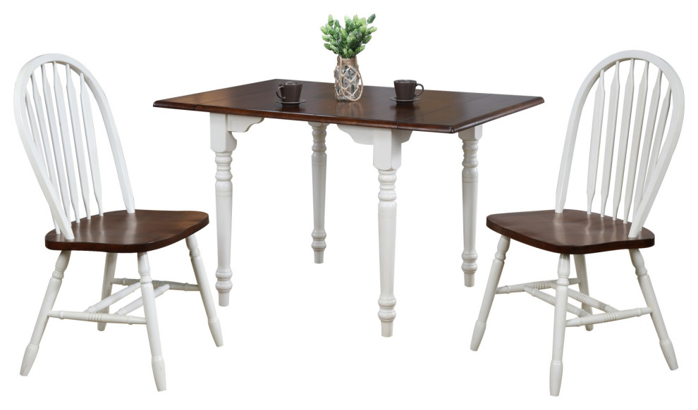 3 Piece Drop Leaf Dining Set, Antique White/Chestnut Brown, Arrowback