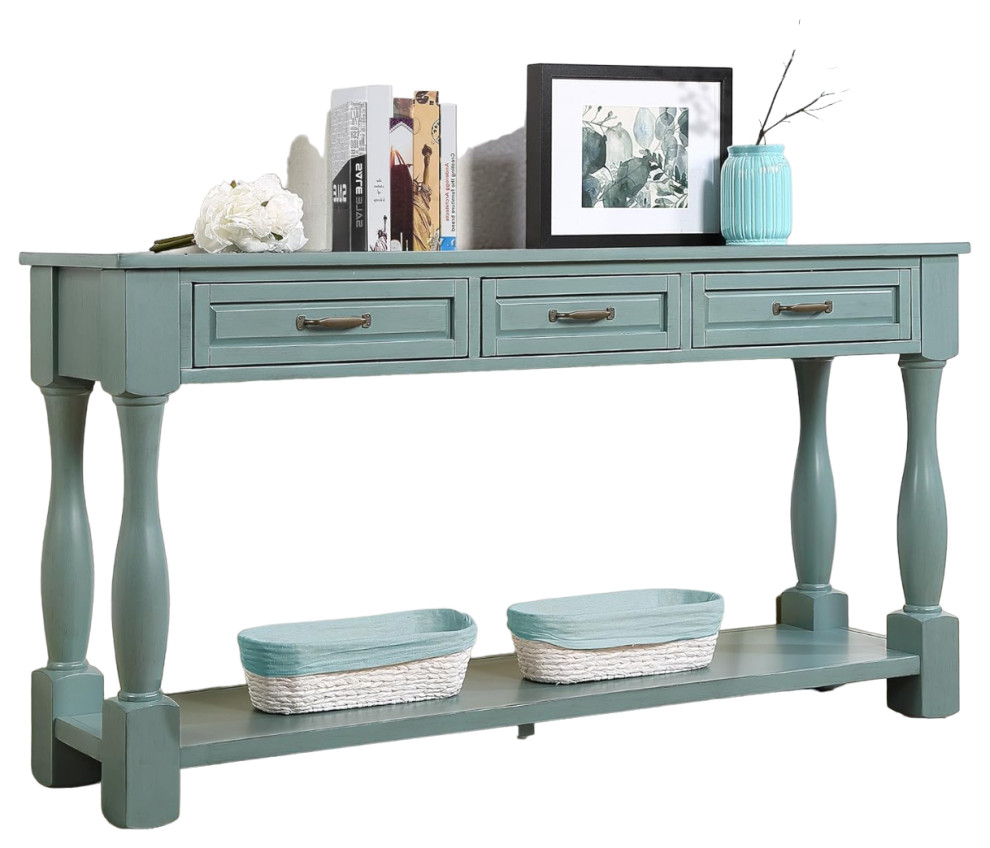 Traditional Console Table, Column Support With Large Top & 3 Drawers, Retro Blue