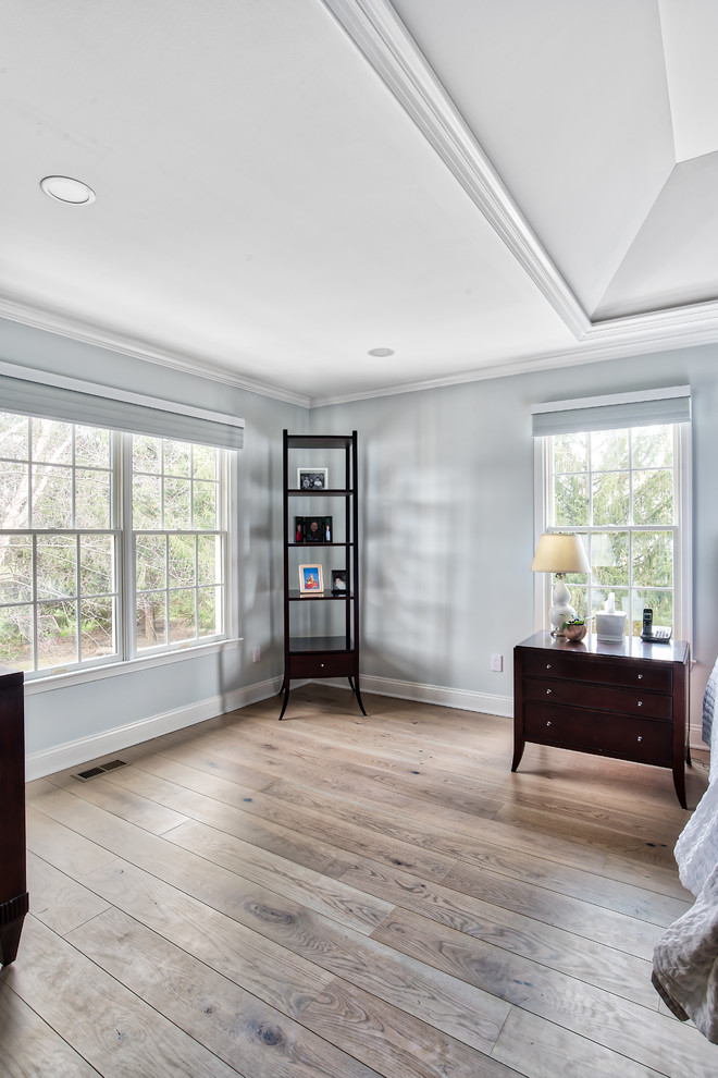 Large transitional master bedroom in New York with grey walls, light hardwood floors and no fireplace.
