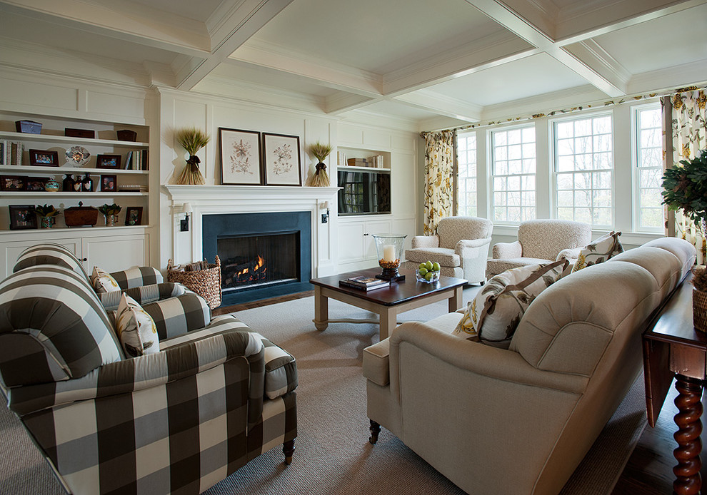 This is an example of a large traditional formal enclosed living room in Philadelphia with white walls, carpet, a standard fireplace, a stone fireplace surround, a built-in media wall and grey floor.