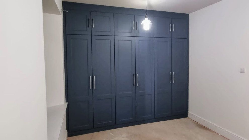 Small traditional gender-neutral storage and wardrobe in Other with shaker cabinets, blue cabinets, carpet and beige floor.