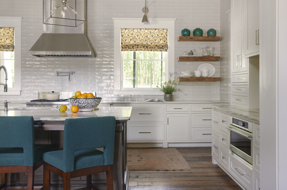 Kitchen - large rustic medium tone wood floor, brown floor and wood ceiling kitchen idea