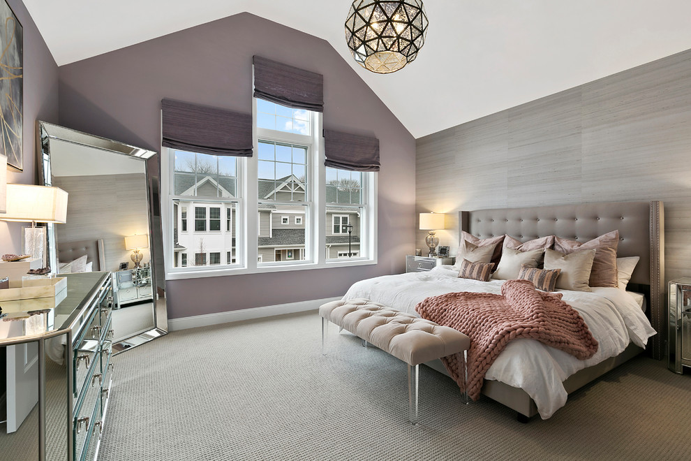 Design ideas for a transitional bedroom in New York with purple walls, carpet and grey floor.
