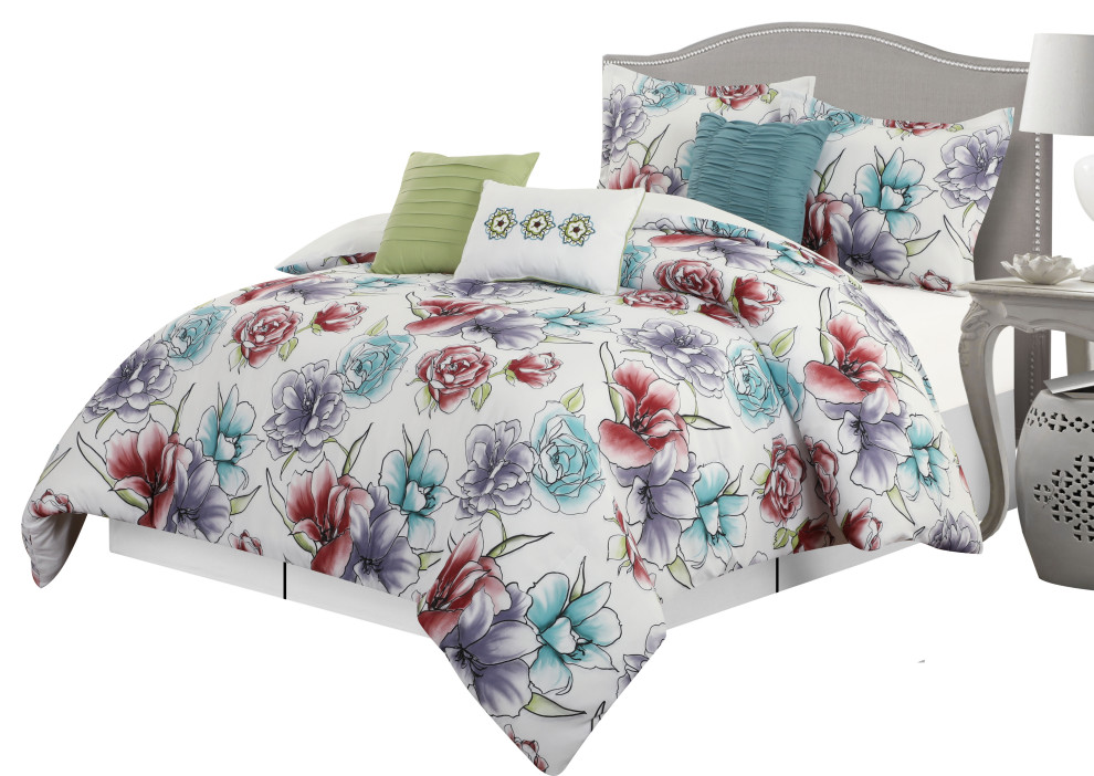 Floranda Flower 7 Piece Comforter Set, White, California King
