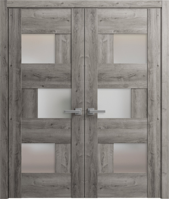 French Double Doors, 6933 Nebraska Grey & Frosted Glass, 64"x80" (2