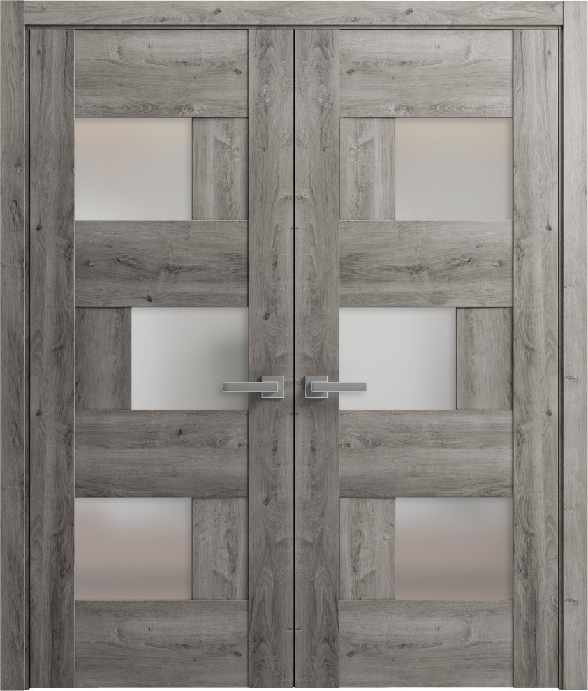 French Double Doors, 6933 Nebraska Grey & Frosted Glass, 64"x80" (2* 32x80) Farmhouse