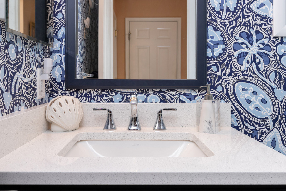 Mid-sized contemporary bathroom in Philadelphia with recessed-panel cabinets, blue cabinets, a double shower, blue tile, ceramic tile, multi-coloured walls, an undermount sink, quartzite benchtops, a sliding shower screen and white benchtops.
