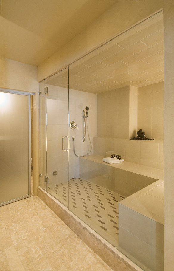 Mid-sized modern bathroom in Denver with an undermount sink, shaker cabinets, medium wood cabinets, a two-piece toilet, beige tile, porcelain tile, beige walls, marble floors and with a sauna.