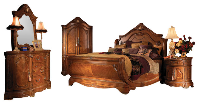 4-piece cortina king sleigh bedroom set, honey walnut - victorian