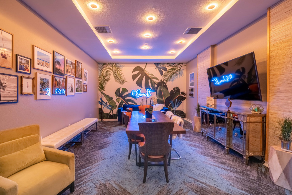 Mid-sized eclectic home studio in Dallas with multi-coloured walls, carpet, no fireplace, a freestanding desk, blue floor, recessed and wallpaper.