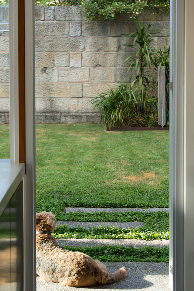 Contemporary garden in Sydney with natural stone pavers.