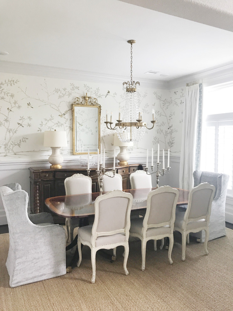 Solitude Cream Chinoiserie Mural - Design: "Solitude Cream" Chinoiserie mural. Installed above a chair rail in this traditional dining room, designed by Amy Kummer.