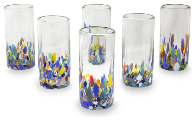 Set of 6 NOVICA Multicolor Hand Confetti Blown Highball Glasses 