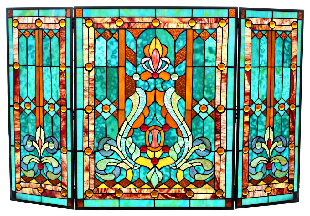28 Tiffany Style Stained Glass Fleur De Lis Fireplace Screen