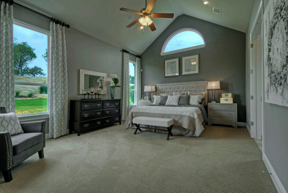 Design ideas for a large transitional master bedroom in Austin with grey walls, carpet and no fireplace.