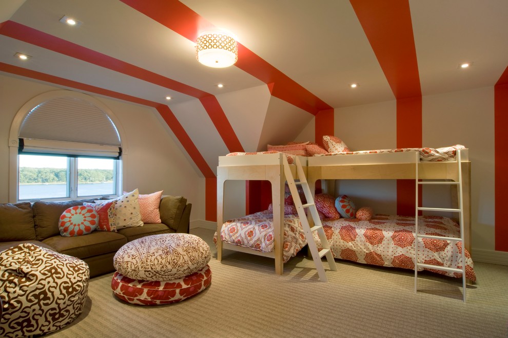 Contemporary kids' bedroom in New York with carpet and multi-coloured walls for kids 4-10 years old and girls.