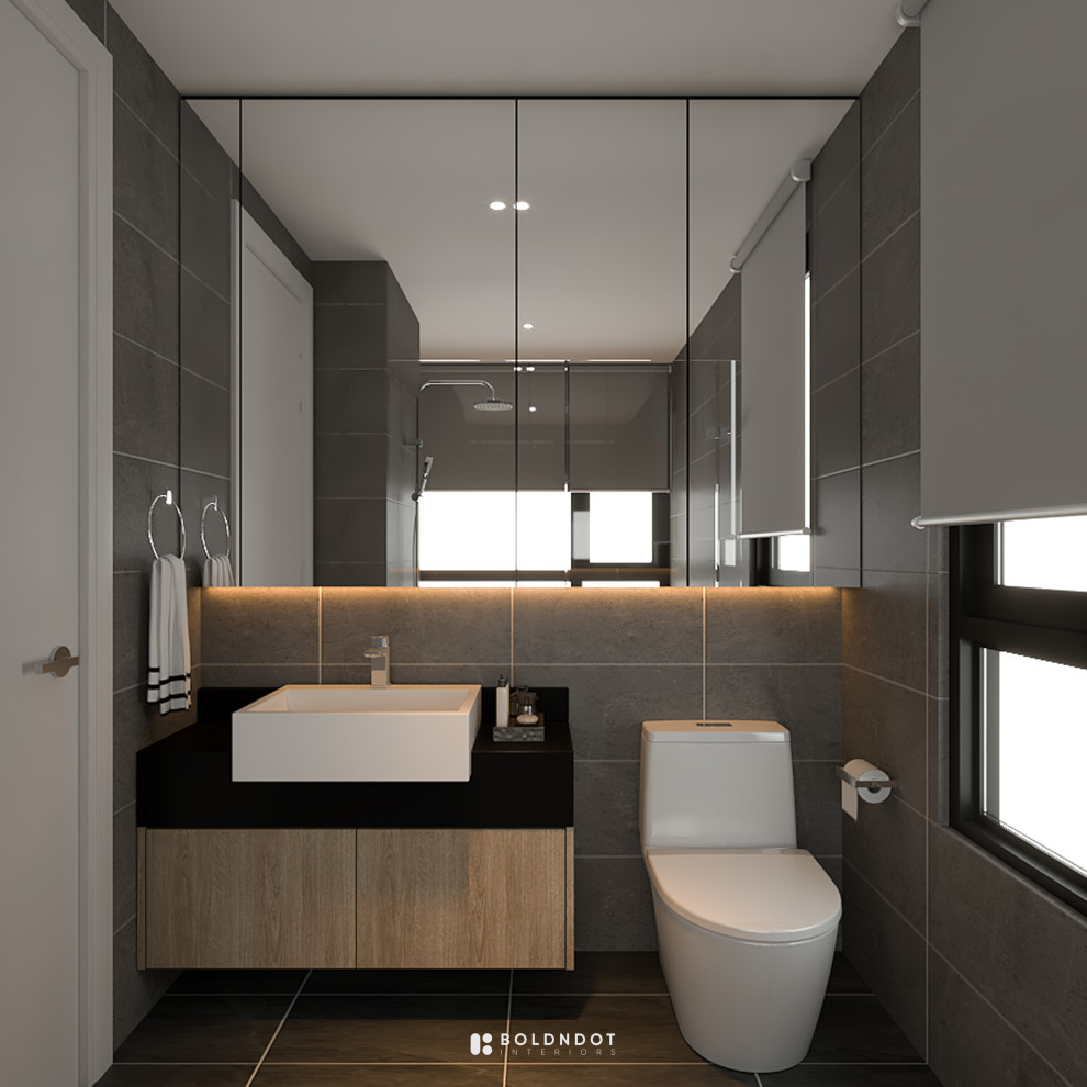 This is an example of a small contemporary master bathroom in Other with flat-panel cabinets, brown cabinets, gray tile, ceramic tile, grey walls, ceramic floors, solid surface benchtops, grey floor, black benchtops, a single vanity and a built-in vanity.
