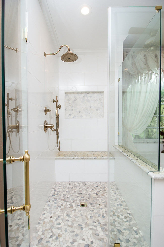 Design ideas for a mid-sized traditional master bathroom in Houston with recessed-panel cabinets, white cabinets, an alcove tub, a curbless shower, white tile, porcelain tile, brown walls, porcelain floors, an undermount sink, granite benchtops, beige floor and a hinged shower door.