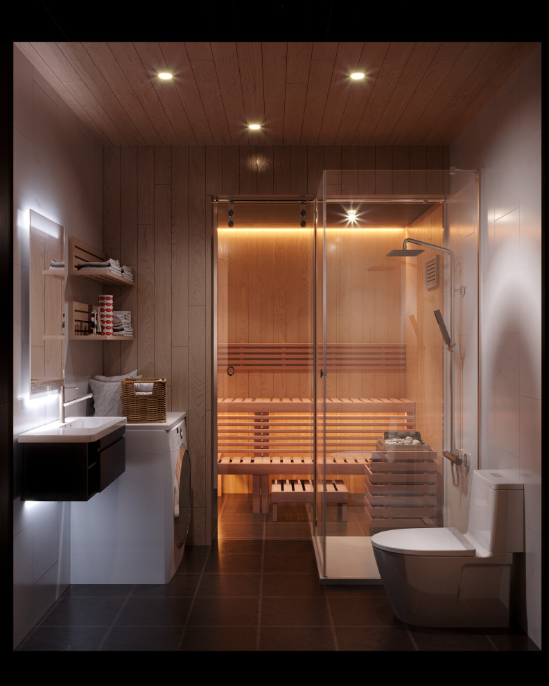 Inspiration pour un sauna nordique en bois avec des portes de placard blanches, une baignoire d'angle, un espace douche bain, WC suspendus, un carrelage blanc, des carreaux de céramique, un mur blanc, un sol en carrelage de céramique, une vasque, un plan de toilette en acier inoxydable, un sol marron, une cabine de douche à porte battante, un plan de toilette gris, meuble simple vasque, meuble-lavabo suspendu et un plafond en bois.