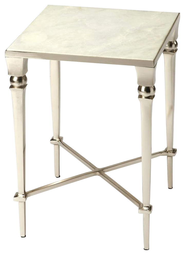 Offex Modern White Marble Top Square End Table Silver Contemporary