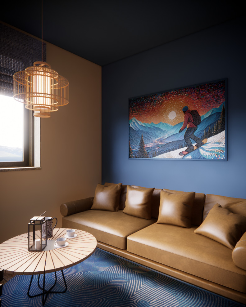 На фото: гостиная комната среднего размера в скандинавском стиле с синими стенами, деревянным полом, горизонтальным камином, фасадом камина из металла, бежевым полом и коричневым диваном с
