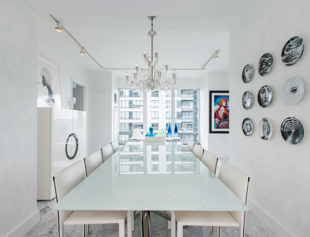 Mid-sized contemporary dining room in Boston with white walls and marble floors.