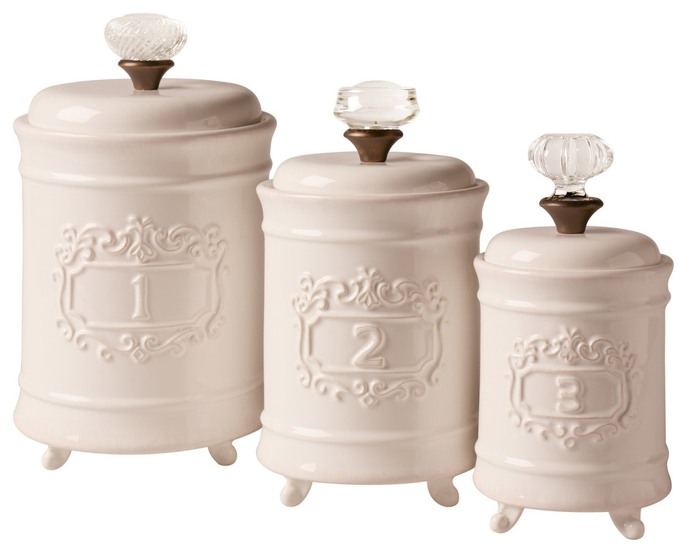 Mud Pie Kitchen Canisters White Ceramic Lidded Jars Set of 3 Traditional Kitchen