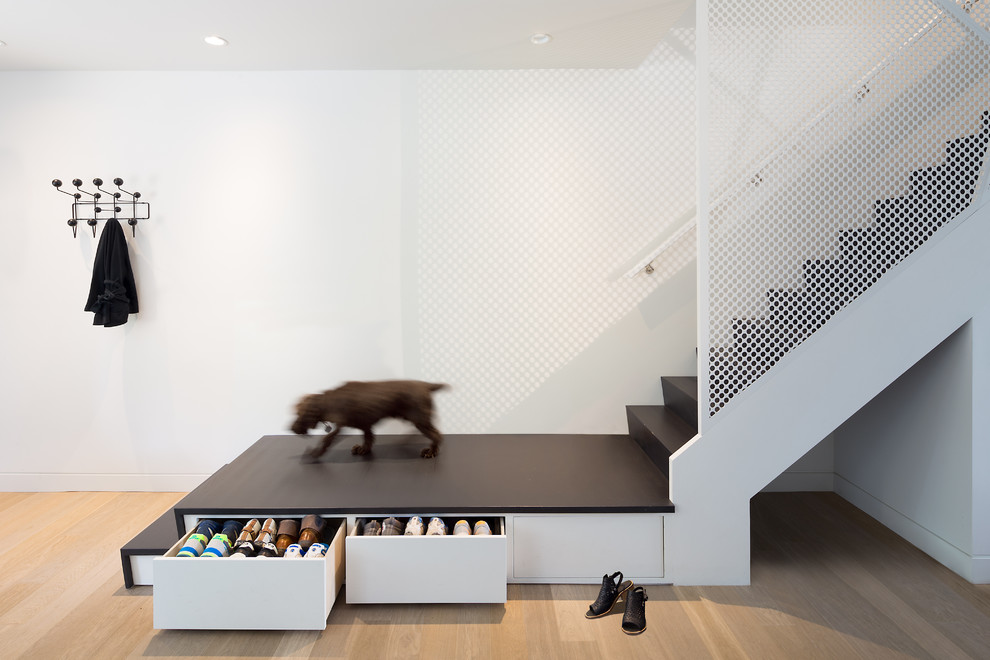 Design ideas for a contemporary wood l-shaped staircase in Toronto with wood risers.