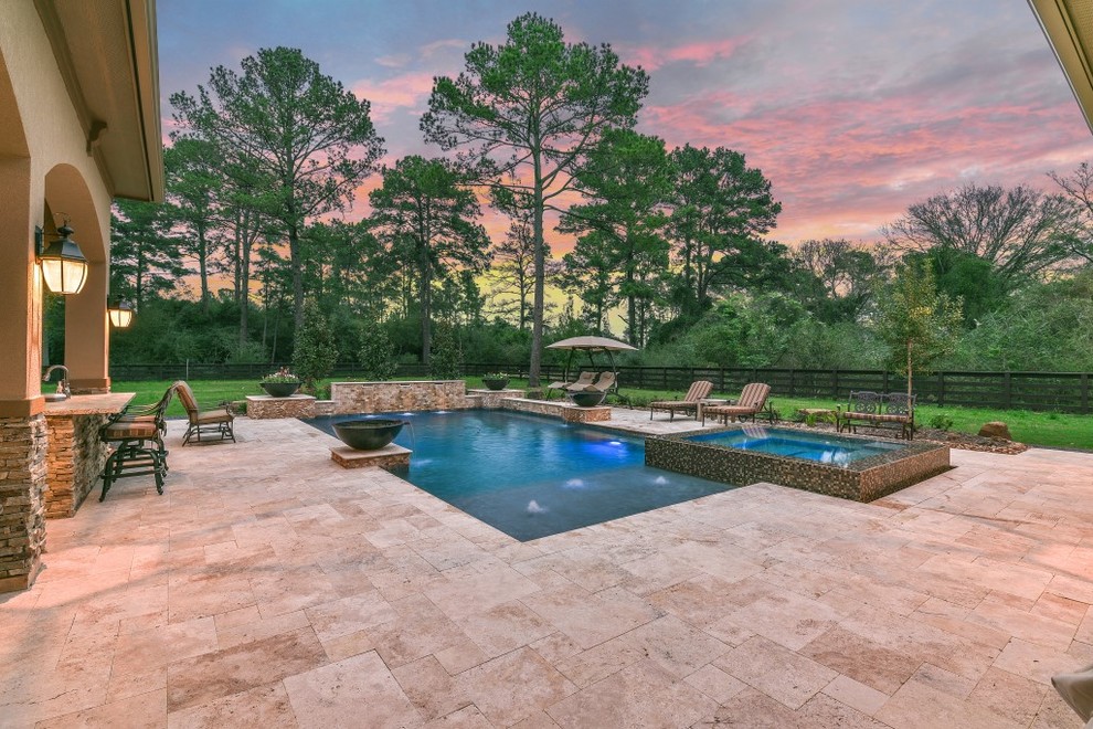 Inspiration for a mid-sized transitional backyard tile and rectangular lap hot tub remodel