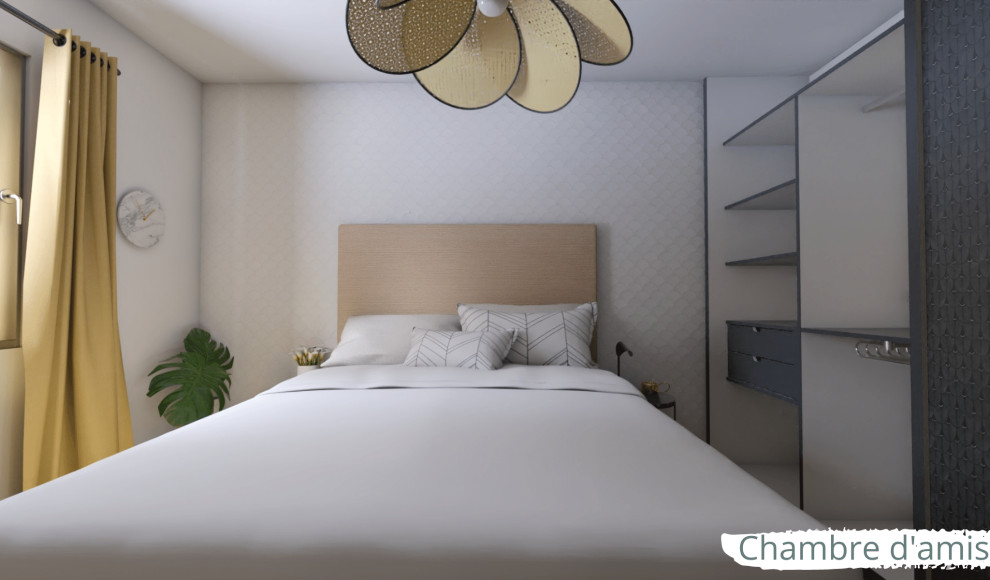 パリにある中くらいなビーチスタイルのおしゃれな主寝室 (白い壁、竹フローリング、ベージュの床、壁紙)