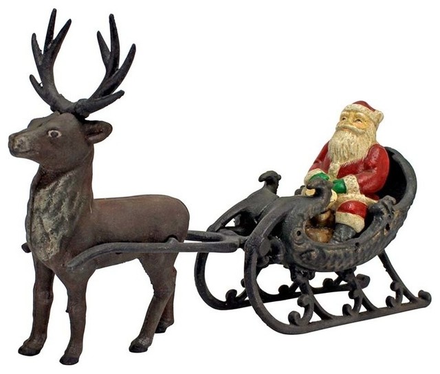 Christmas Santa on Sleigh With Reindeer DieCast Iron Statue