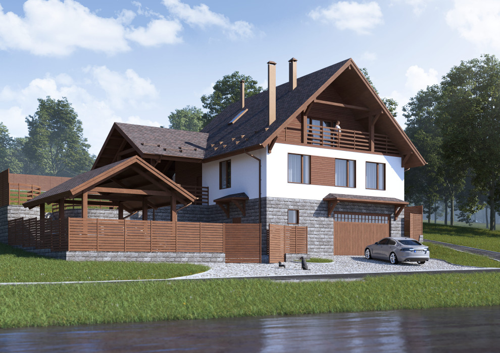 Проект 3-этажного 5-комнатного мансардного дома в стиле шале