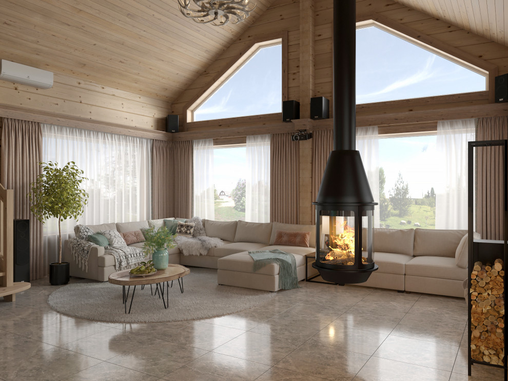 This is an example of a mid-sized open concept living room in Saint Petersburg with a home bar, beige walls, porcelain floors, a hanging fireplace, a metal fireplace surround, a wall-mounted tv, grey floor, timber and wood walls.