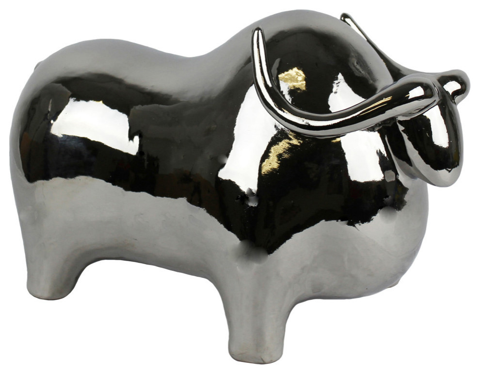 Sagebrook Home Silver Ceramic Bull, Head Up Sculpture Figurine 8