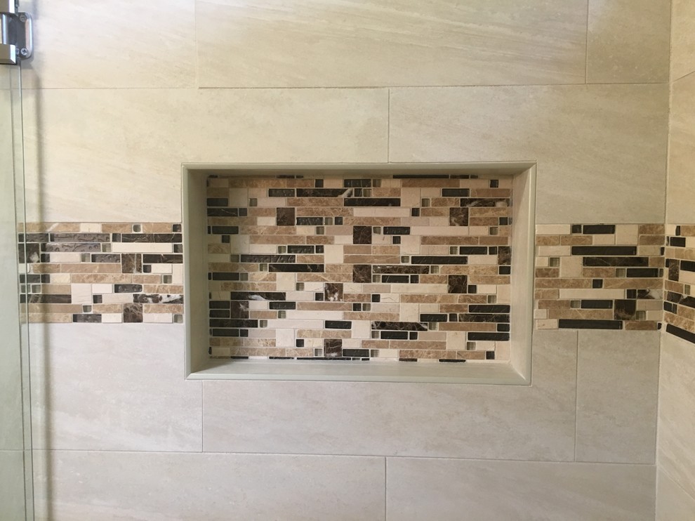 Inspiration for a mid-sized contemporary master bathroom in Austin with an alcove shower, beige tile and porcelain tile.
