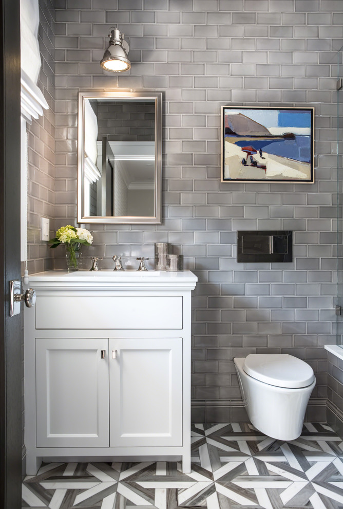 Transitional gray tile bathroom photo in Orange County with shaker cabinets, white cabinets and an undermount sink