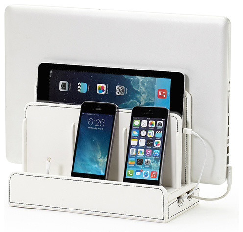 SMART Multi-Device Charging Station with USB+AC Power Hub, White Leatherette