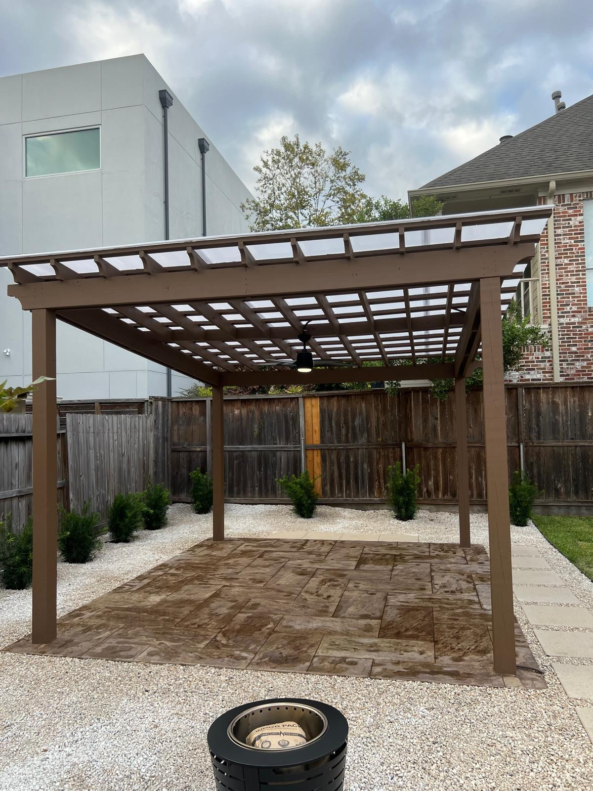 Beautiful stamped concrete patio with Pergola Cover on Haddon st!