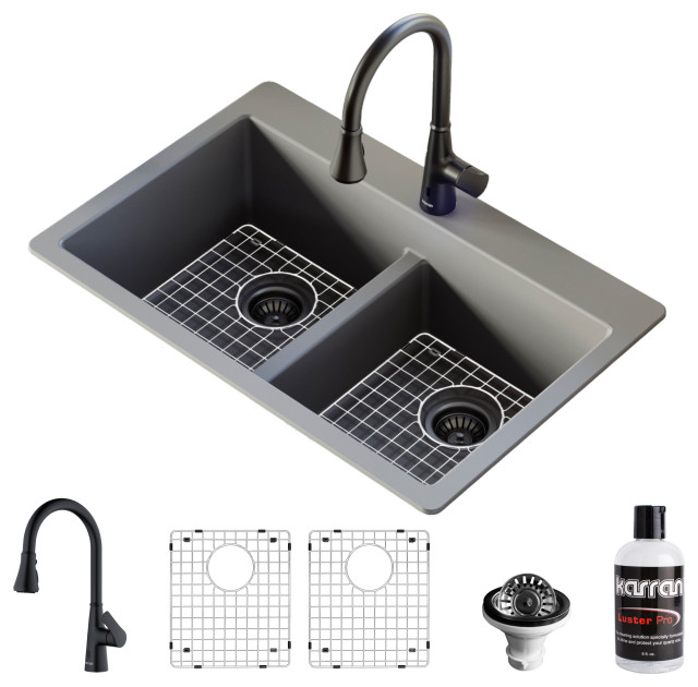 Karran 33" Top Mount Double Bowl 50/50 Quartz Kitchen Sink, Grey With Faucet