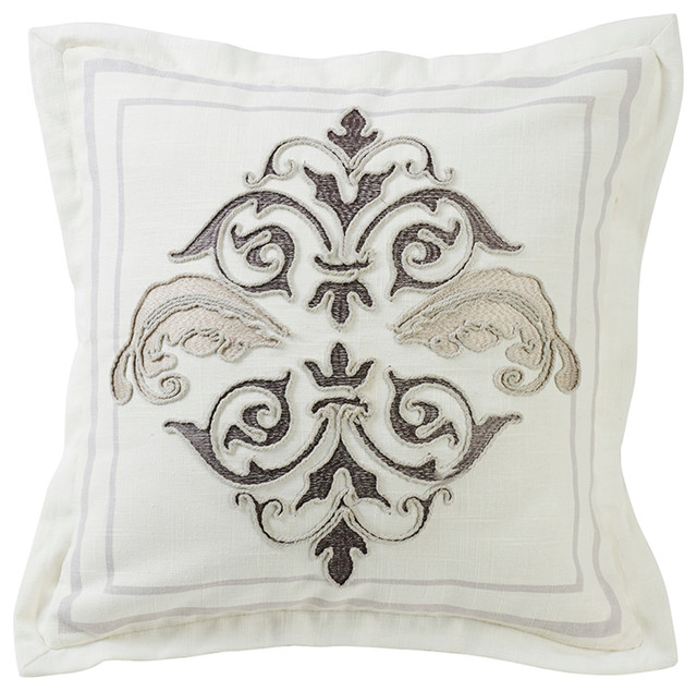 Square Outlined Embroidered Design Pillow With Flange, 18x18